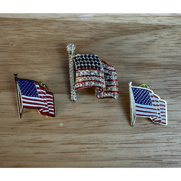 Other - Lot of 3 American Flag Pins USA Rhinestone Lapel Pins Patriotic 4th of July
